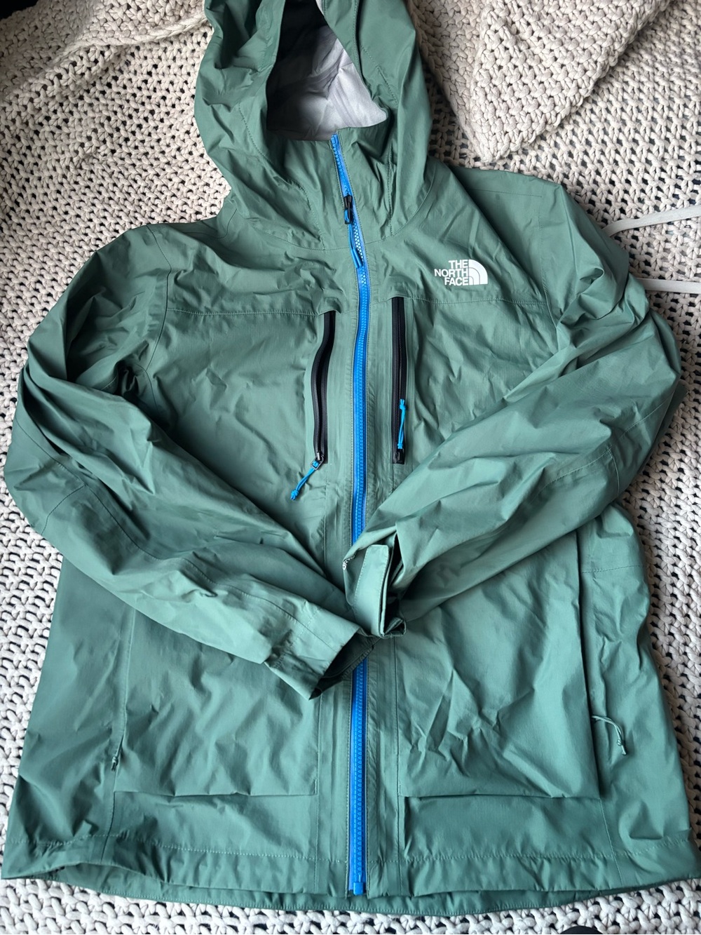 The North Face Men’s Waterproof Hooded Rain Jacket — Sage Green with Blue Zipper
